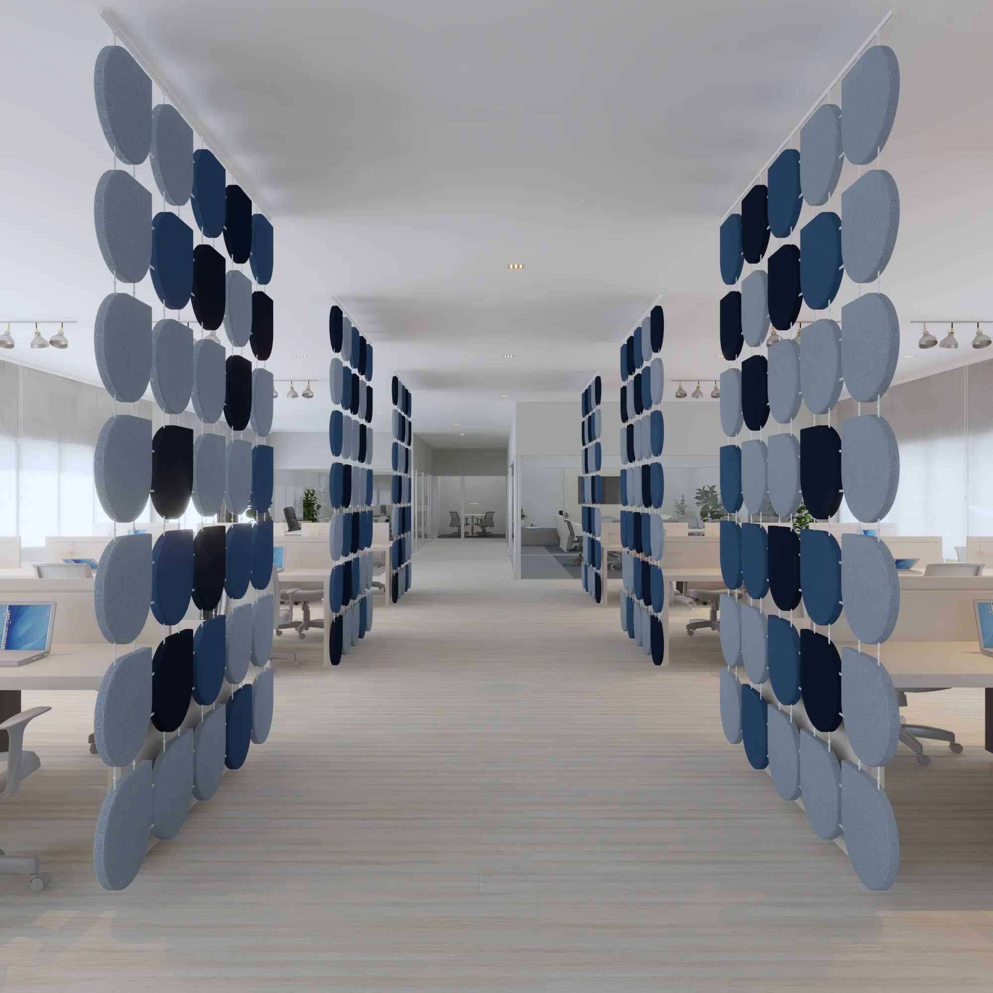 Büro Raumakustik Schallabsorber hängende Trennwand blau