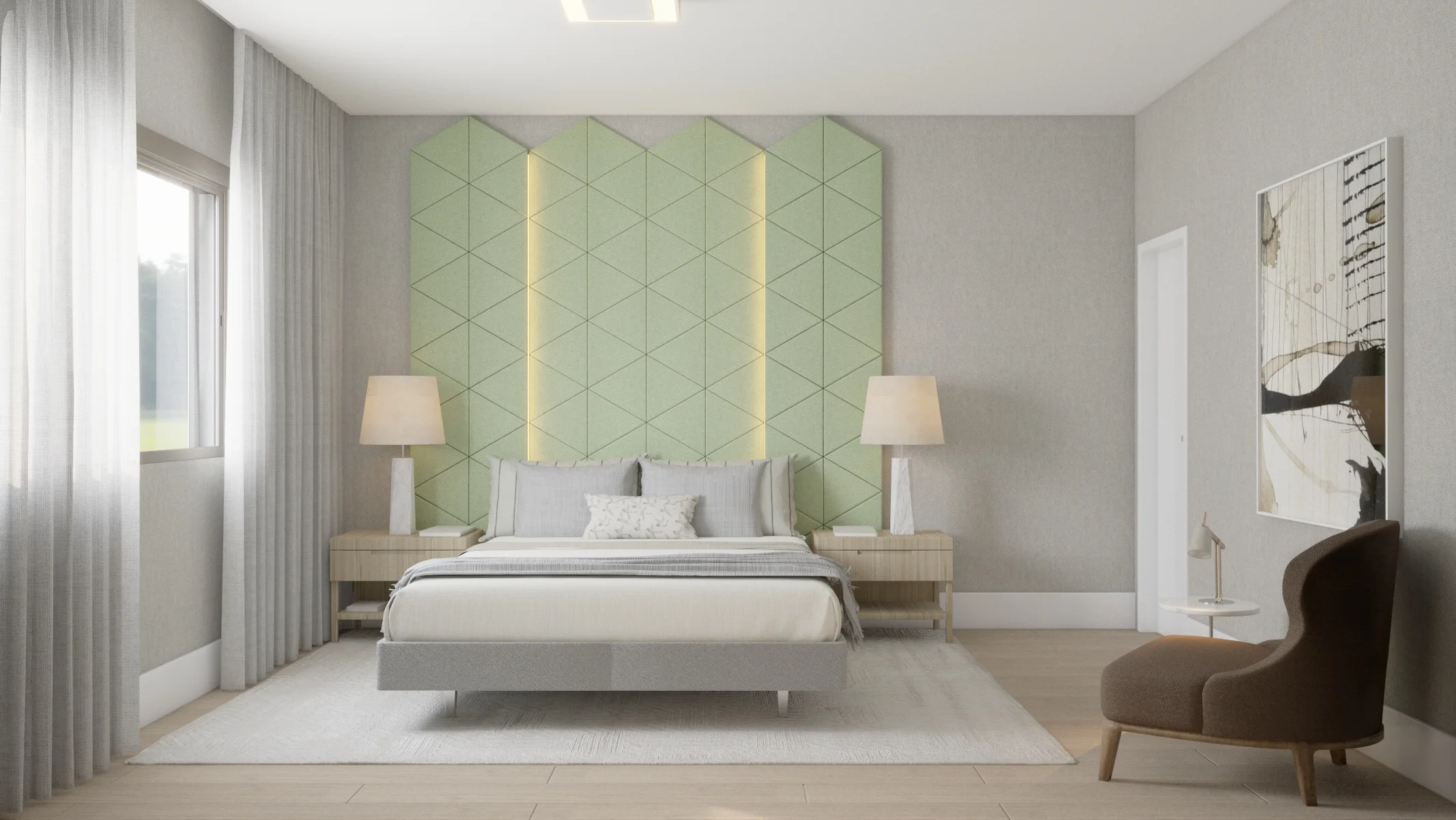 Schallabsorber Schlafzimmer mit LED modern grün 2