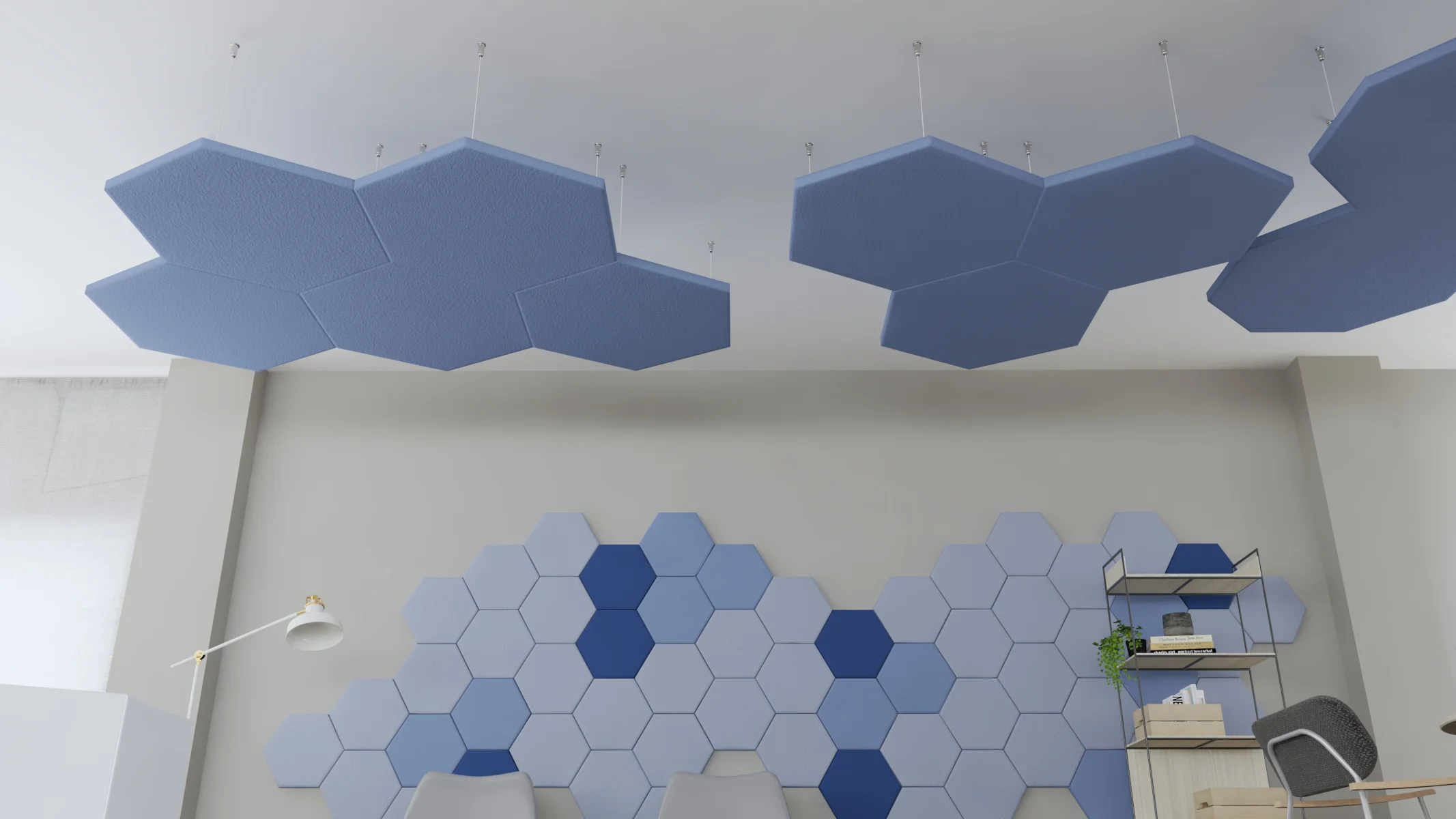 Deckensegel Büro Schallabsorber Konferenzraum Hexagon blau