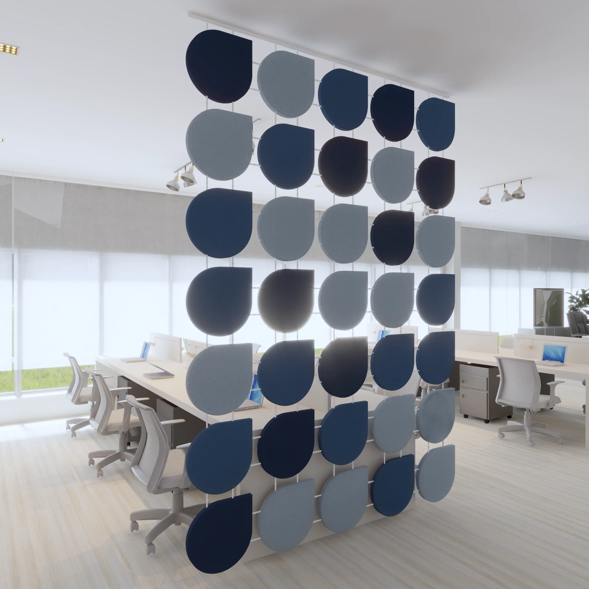 Büro Raumakustik Schallabsorber hängende Trennwand Spot blau