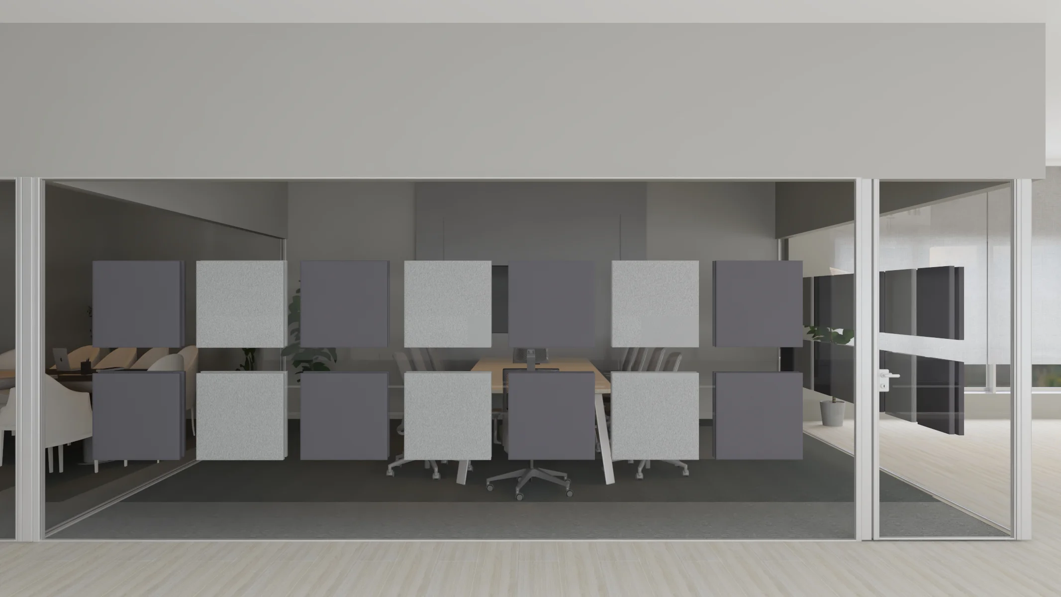 Büro Schallabsorber Konferenzraum Glasflächen pixel grau